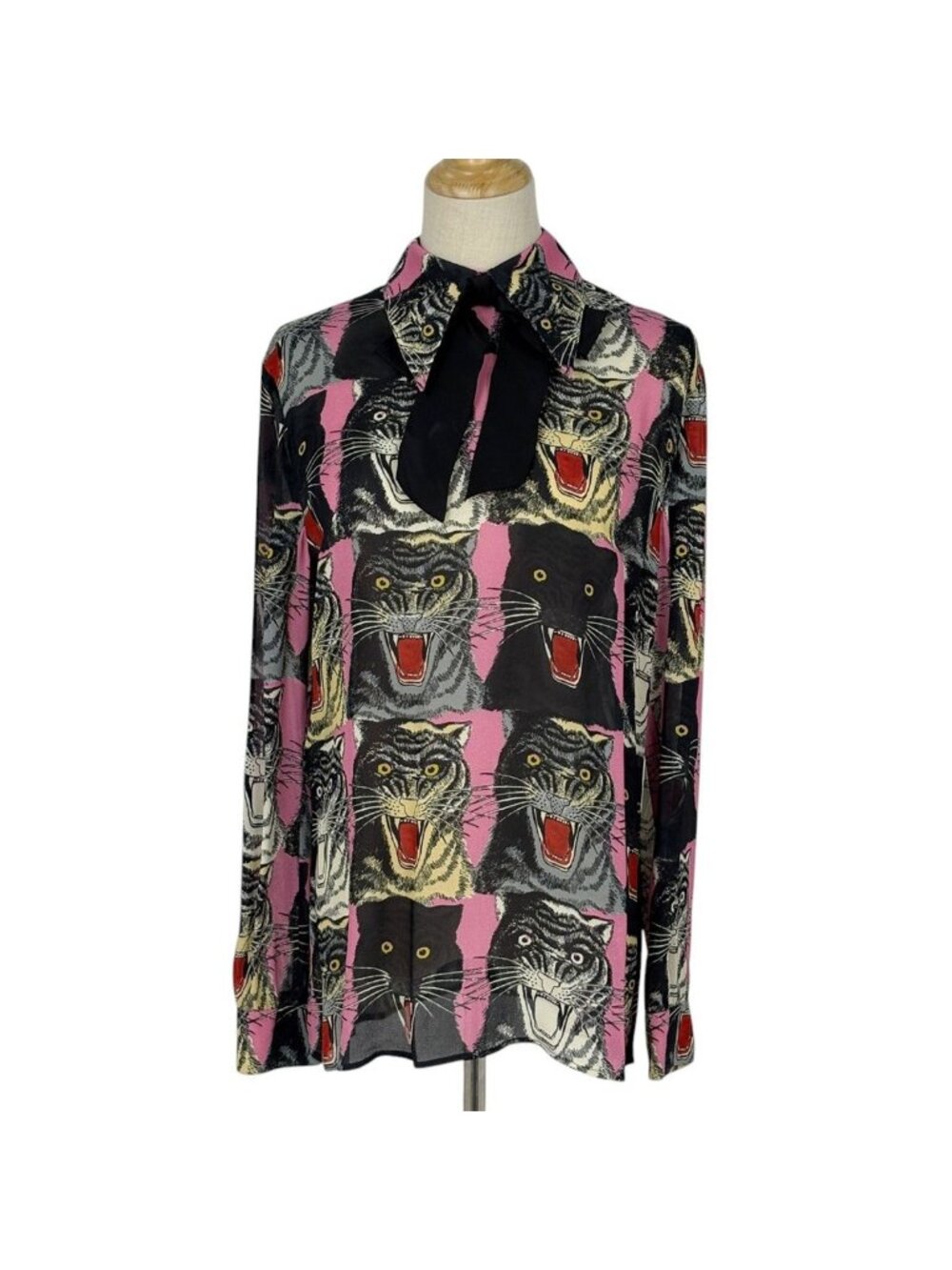 Gucci Tiger Head Pattern Long Sleeve Shirt Sheer Top Rayon Black Pink